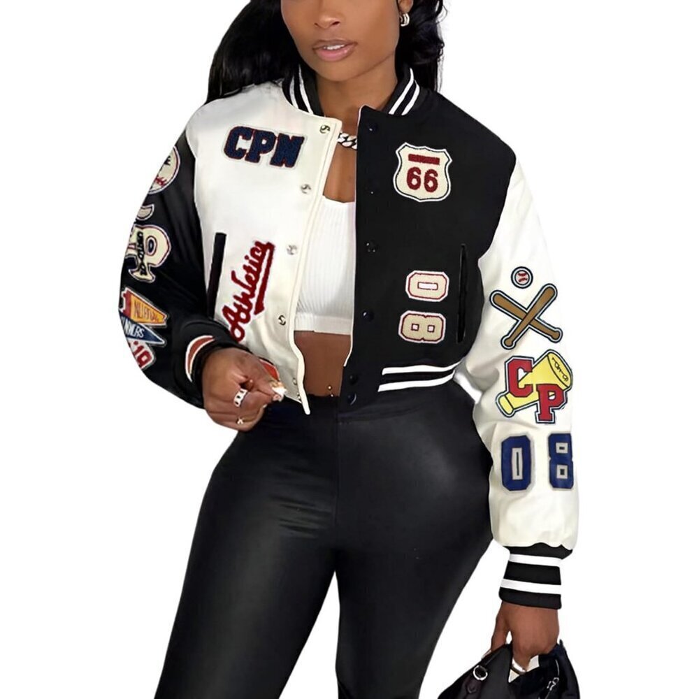 Women's Varsity Jacket with Patches Print Cropped Bomber Leather Jacket A-Black